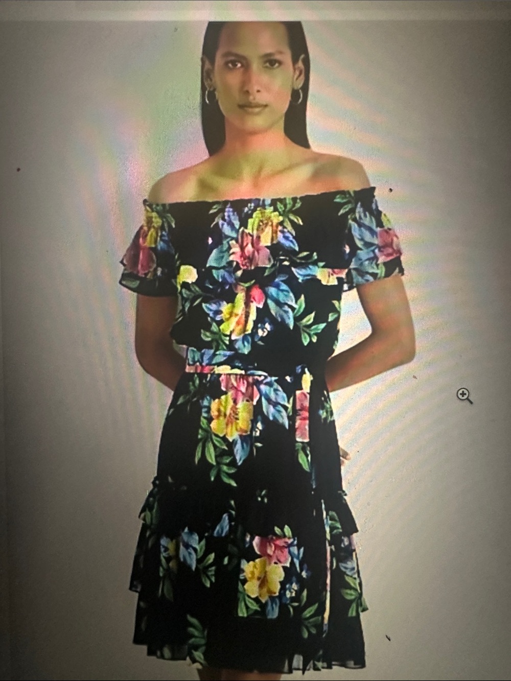 Lauren Ralph Lauren Off-Shoulder Black Floral Tiered Dress, size 14
